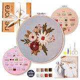 nevora shop 3 Hoop Embroidery Kit for Beginners Adults - Learn 32 Stitches with 3 Progressive Projects, Stamped Patterns, Video Tutorial & Free Organizer Bag.