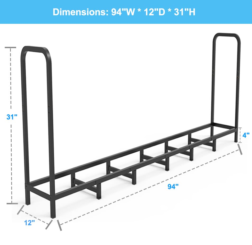 Tikimilor 8ft Firewood Rack Holder, Adjustable Heavy Duty Fire Log Stacker Stand for Fireplace，Outdoor Indoor Metal Wood Pile Storage Organizer, Patio Logs Stand tool, Black - WoodArtSupply