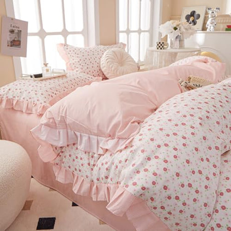 EAVD French Style Garden Pink Floral Comforter Set Full Girls Fluffy Soft Microfiber Chic Shabby Floral Bedding Set with 2 Pillowcases Fresh Ruffled Botanical Comforter Set for All-Season EAVD