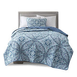 Comfort Spaces Reversible Quilt Set-Vermicelli Stitching Design All Season, Lightweight, Coverlet Bedspread Bedding, Matching Shams, Twin/Twin XL (66 in x 90 in), Gloria Damask Aqua 2 Piece Comfort Spaces
