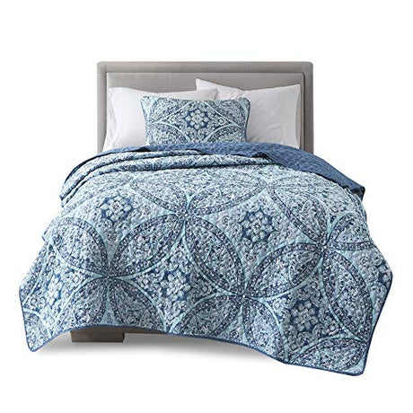 Comfort Spaces Reversible Quilt Set-Vermicelli Stitching Design All Season, Lightweight, Coverlet Bedspread Bedding, Matching Shams, Twin/Twin XL (66 in x 90 in), Gloria Damask Aqua 2 Piece Comfort Spaces