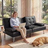 YESHOMY Modern Futon Sofa Bed, Convertible Futon Couch with Adjustable Backrest, Futon Loveseat Sleeper Sofa Bed with Armrest for Living Room, Small Spaces,PU Leather, Black YESHOMY