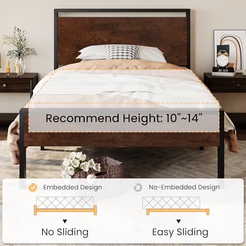 SHA CERLIN 14 Inch Twin Size Metal Platform Bed Frame with Wooden Headboard and Footboard, Mattress Foundation, No Box Spring Needed, Large Under Bed Storage, Heavy Duty Slats Support, Mahogany SHA CERLIN