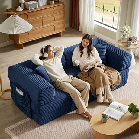 AUGOP Boneless Couch Folding Couches for Living Room Sofa, Futon Sofa Bed with Sleeper Sofa, Futon Couch with Fixed-Shape Oversized Corduroy Upholstered (Blue, 81 Inches) AUGOP