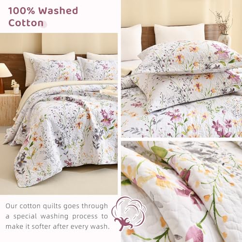 Sanracie 100% Cotton Quilt King Bedding Set(110"x98")-Floral Quilted Bedspreads Set,3pcs Yellow Wild Flower Botanical Printed Pattern Quilt Bedding Coverlet Summer Soft Lightweight Aesthetic Bedding Sanracie