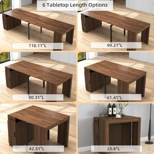 KEIKI 23.62”-118”L Extendable Foldable Dining Room Table with Storage Cabinet & Outlet, 1-10 People Wood Modern Rectangle Expandable Furniture for Kitchen Living Meeting Room, 6 Length Options KEIKI