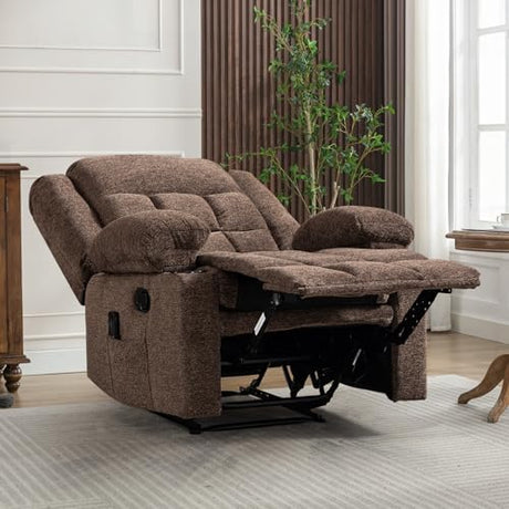EBELLO Manual Recliner Chair for Adults with Vibration Massage and Lumbar Heating, Soft Fabric Recliner Single Sofa for Living Room with Side Pocket and Two Cup Holders, Brown EBELLO