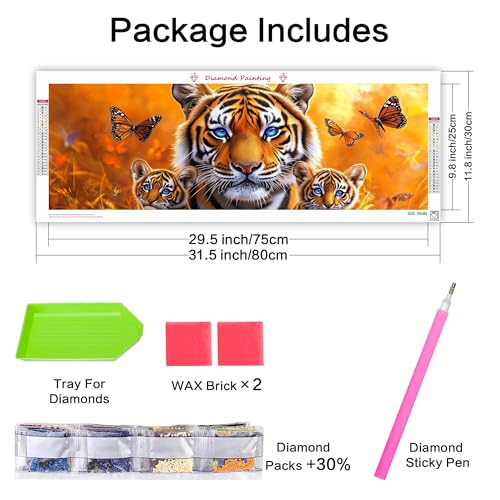 VAIIEYO Large Diamond Art Kits for Adults Tiger, Diamond Art Animal, Large Diamond Painting Kits Full Drill Round Rhinestone Craft Canvas for Home Wall Decor Gift 12x31 inch VAIIEYO