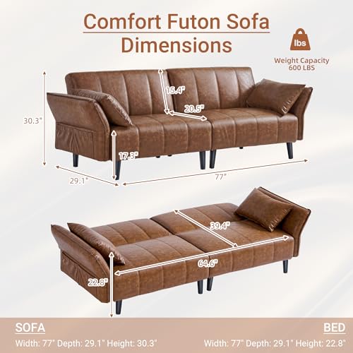 GULFXDS 77" Mid Century Modern Futon Sofa Bed, Comfy Faux Leather Couch with Adjustable Backrest & Armrest, Upholstered Sleeper Sofa for Living Room, Apartment, Home Office (Brown) GULFXDS