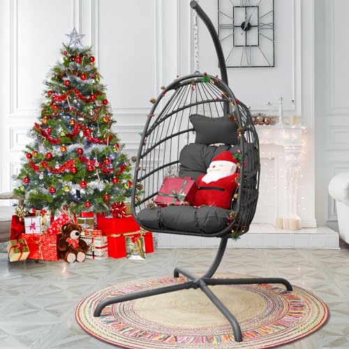 NICESOUL® Egg Chair Indoor Outdoor Patio Wicker Hanging Egg Chair Swing Egg Basket Chairs with Stand UV Resistant Cushions 350lbs Capacity for Outside Backyard Balcony Xmas Gift