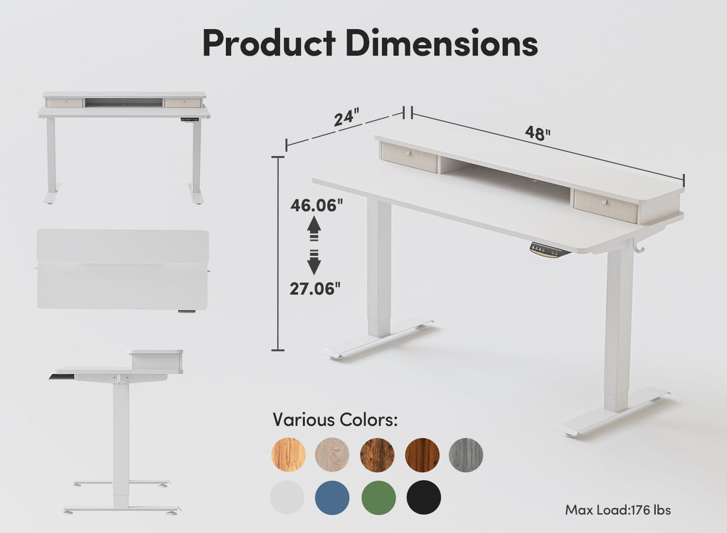 BANTI 48x24 Inch Electric Standing Desk with Double Drawers, Adjustable Height Stand Up Desk, Sit Stand Home Office Desk with Storage Shelf, White Top - WoodArtSupply