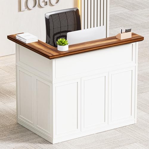 OUTGUAVA Reception Desk with Counter, Modern L Shaped Reception Desk with Storage Shelves, 52” Retail Counter for Checkout, Lobby, Office, Salon, White OUTGUAVA