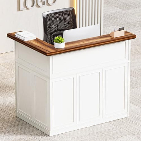 OUTGUAVA Reception Desk with Counter, Modern L Shaped Reception Desk with Storage Shelves, 52” Retail Counter for Checkout, Lobby, Office, Salon, White OUTGUAVA