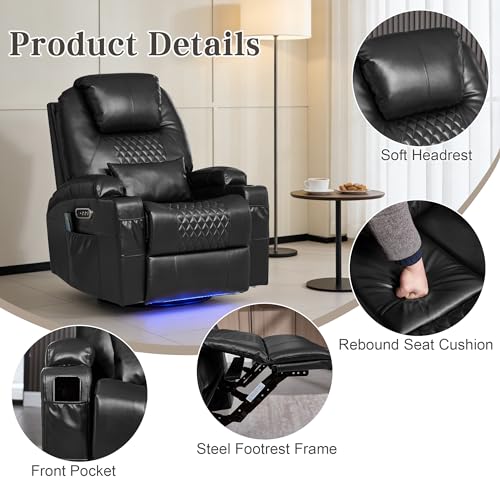AHMED Dual Motor Power Swivel Rocker Recliner Chair with Massage & Heat, Electric Glider Rocking Chairs with Cup Holders,LED Lights, USB A/USB C Ports for Living Room, Nursery, Black