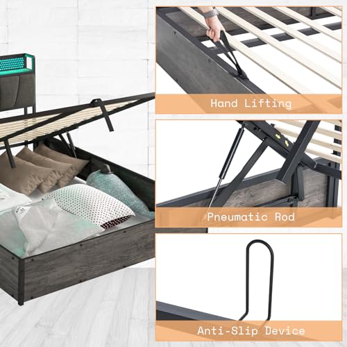 AMERLIFE Queen Size Lift Up Bed Frame with Linen Upholstered & LED Light & Storage Headboard, Platform Bed Frame with Charging Station, No Box Spring Needed, Noisy Free, Rustic Grey AMERLIFE
