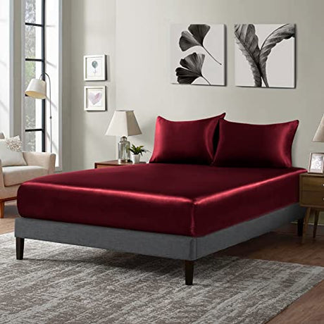 P Pothuiny Satin Fitted Sheet Twin XL Size, 1 Single Fitted Sheet Only, Extra Soft Deep Pocket Bottom Bed Sheets Mattress Cover Fits 12" to 16", Wrinkle Free, Fully Elasticized (Burgundy) P Pothuiny