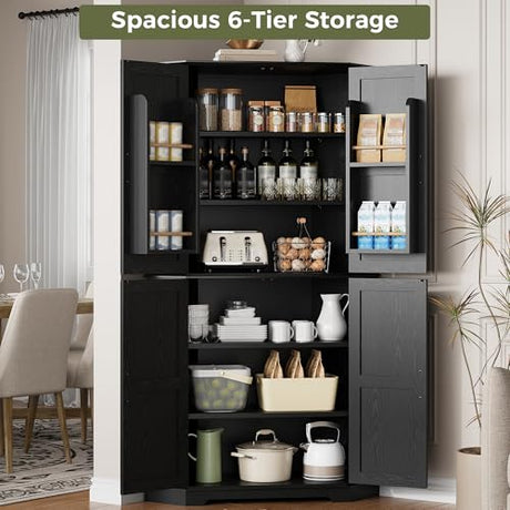 IRONCK Corner Cabinet, 72" Kitchen Pantry Cabinet, 6-Tier Freestanding Farmhouse Pantry with 2 Adjustable Shelves, 240°Swivel Doors, 2 Doors Storage, Spacious Hutch for Kitchen, Living Room, Black IRONCK