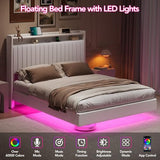 GarveeHome Queen Floating Bed Frame with RGB LED Lights & Charging Station, Upholstered Platform Bed Frame wth Storage Headboard, 50" Tall Headboard Bed Frame Queen Size No Box Spring Needed, White GarveeHome