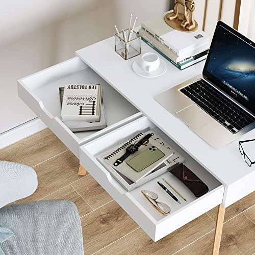 FOTOSOK White Computer Writing Desk with 2 Drawers, Small Desk Makeup Vanity Table Wood Desk with 4 Oak Legs, Modern Home Office Desk Console Study - WoodArtSupply