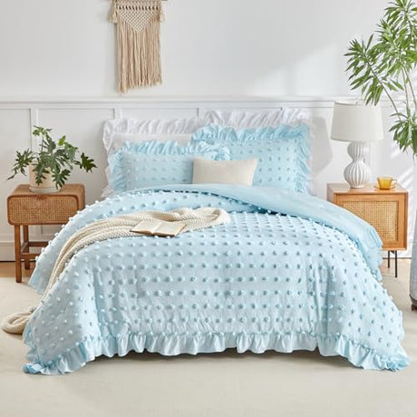 Flysheep Tufted Dots Ruffle Comforter Set Twin Size, 3 Pieces Blue Vintage Farmhouse Shabby Chic Comforters, Jacquard Boho Bohemian Bedding Set for Kids (1 Ruffled Comforter+ 2 Pillow Shams) Flysheep