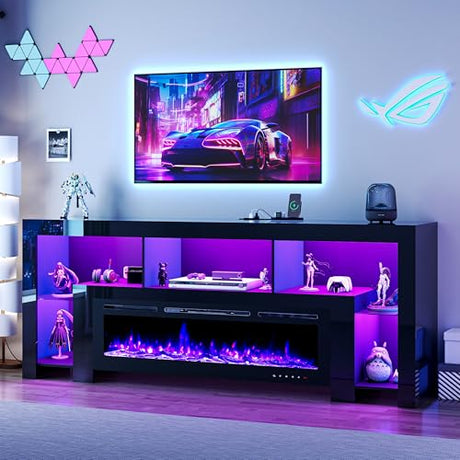 94.5" Fireplace TV Stand for TVs Up to 100", Gaming LED Entertainment Center with 50" Electric Fireplace, Modern High Gloss Media Console for Living Room, Glass Shelves & Open Storage, Black CayugaCrekrd