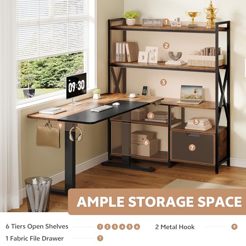 Homiflex 77.8 Inches L Shaped Standing Desk Corner Desk with Hutch Electric Height Adjustable Desk with Storage Shelves File Drawer Power Outlets Reversible Computer Gaming Desk for Home Office, Brown Homiflex