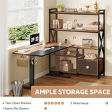 Homiflex 77.8 Inches L Shaped Standing Desk Corner Desk with Hutch Electric Height Adjustable Desk with Storage Shelves File Drawer Power Outlets Reversible Computer Gaming Desk for Home Office, Brown Homiflex