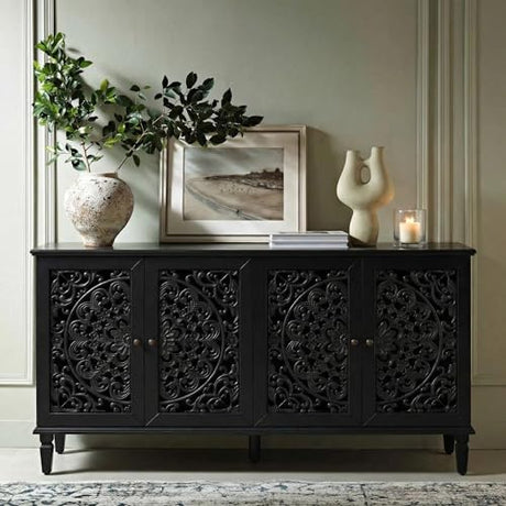 Solid Wood Legs Accent Cabinet with 4-Door Carved Doors Adjustable Shelves for Living Room Dinning Room, Vintage Sideboard Storage Buffet Cabinet, Entryway Console Table, TV Stand(Black, 4 Doors) SEDESUAVISO