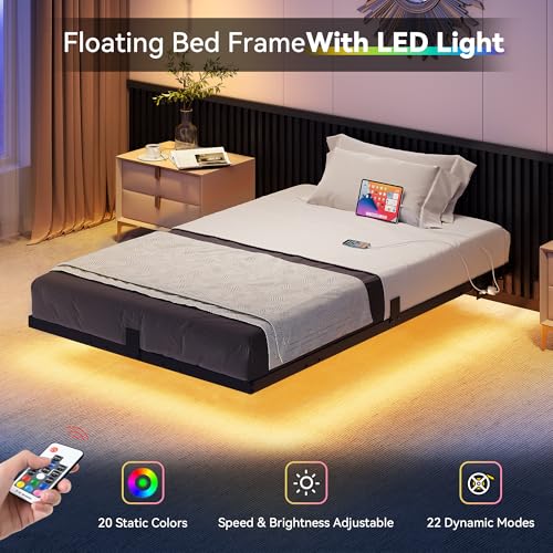 YITAHOME Floating Bed Frame Twin Size, LED Bed Frame with Charging Station, Metal Platform Twin Bed with Heavy Duty Steel Slats Supports, No Box Spring Needed, Easy Assembly, Black YITAHOME