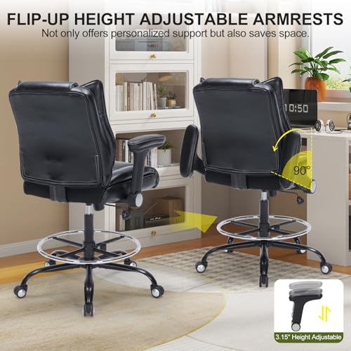 OLYFING Drafting Chair, Tall Office Chair with Padded Adjustable Arms and Footring PU Leather Standing Desk Chair with Extra Thicken Seat Cushion, Comfy High Office Chair for Counter Height Desk OLYFING