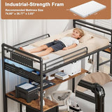 KSOBEBVT Twin Loft Bed with Desk, Gaming Bunk Bed with Stairs, Metal Loft Bed Heavy Duty Loft Beds for Adults, 3 Fabric Drawers, LED Lights & Charging Sation, No Noise & No Box Spring Needed, Black KSOBEBVT