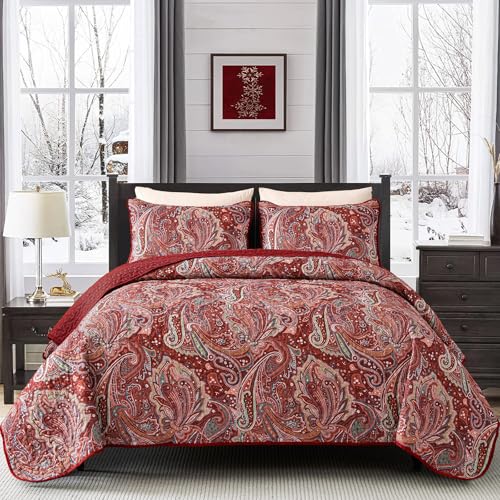 DJY Red Paisley Quilt Set California King Boho Bedspread 3 Pieces, Soft Lightweight Microfiber Coverlet Set Paisley Floral Pattern Bedding for All Season, 112"x96" DJY