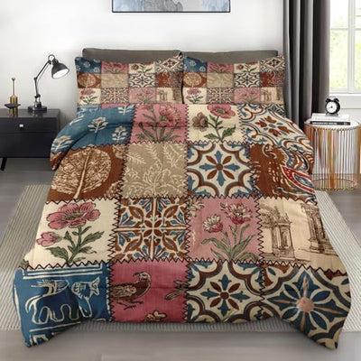 Pamnest Comforter Set Twin Size, Country Flower Vintage Soft 2 Pcs Bedding for Kids and Adults, Geometric Plaid Patchwork Comforter Set with Pillowcase, for Bedroom Bed Decor