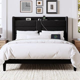 Allewie Queen Size Platform Bed Frame with Charging Station & Storage Headboard, Upholstered Velvet Wingback Design & USB Port, Strong Wooden Slats Support, No Box Spring Needed, Easy Assembly, Black Allewie