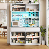 Gyfimoie 71" Kitchen Pantry Storage Cabinet with Charging Station, Kitchen Hutch with LED Light & Open Shelving, Buffet Cabinet with Drawers, Farmhouse Food Pantry for Living Room, White Gyfimoie