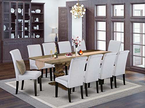 East West Furniture Lassale 11 Piece Set Includes a Rectangle Dining Room Table with Butterfly Leaf and 10 Grey Linen Fabric Upholstered Chairs, 42x92 Inch, Distressed Jacobean East West Furniture
