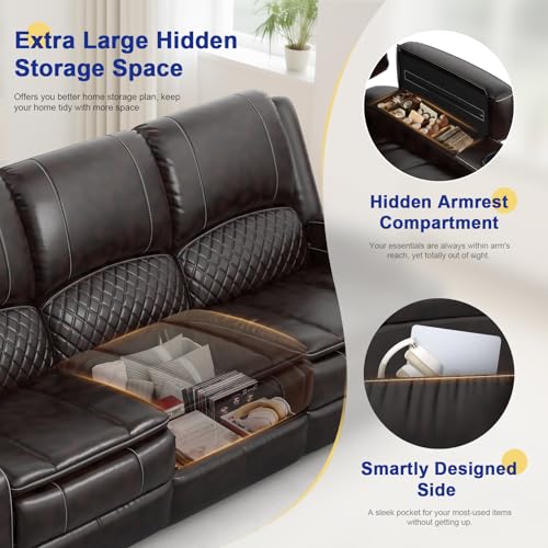 MOSGAT 2026 Upgraded Recliner Sofa 3 Seater Couch with Recliner, Home Theater Seating with Liftable Console & Removable Armrest, Manual PU Leather Sofa Reclining with Storage & USB Ports (PU,Brown)