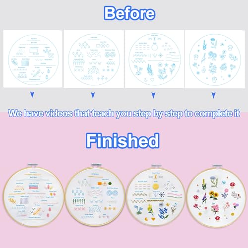 Sutesloly Hand Embroidery Kit for Beginners Adults, 4 Sets Learn to Floral Patterns Simple Starter kit for Beginners, Easy Practice Kit, 7.8inch Hoop, DIY Craft Gift for Women, Pink and Blue
