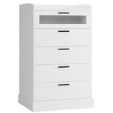 HOSTACK Modern 5 Drawer Dresser for Bedroom, Tall White Dresser Chest of Drawers with Metal Handles, Wood Dresser Storage Cabinet with Anti-Drop Fence & Fluted Glass for Living Room, Entryway, White HOSTACK