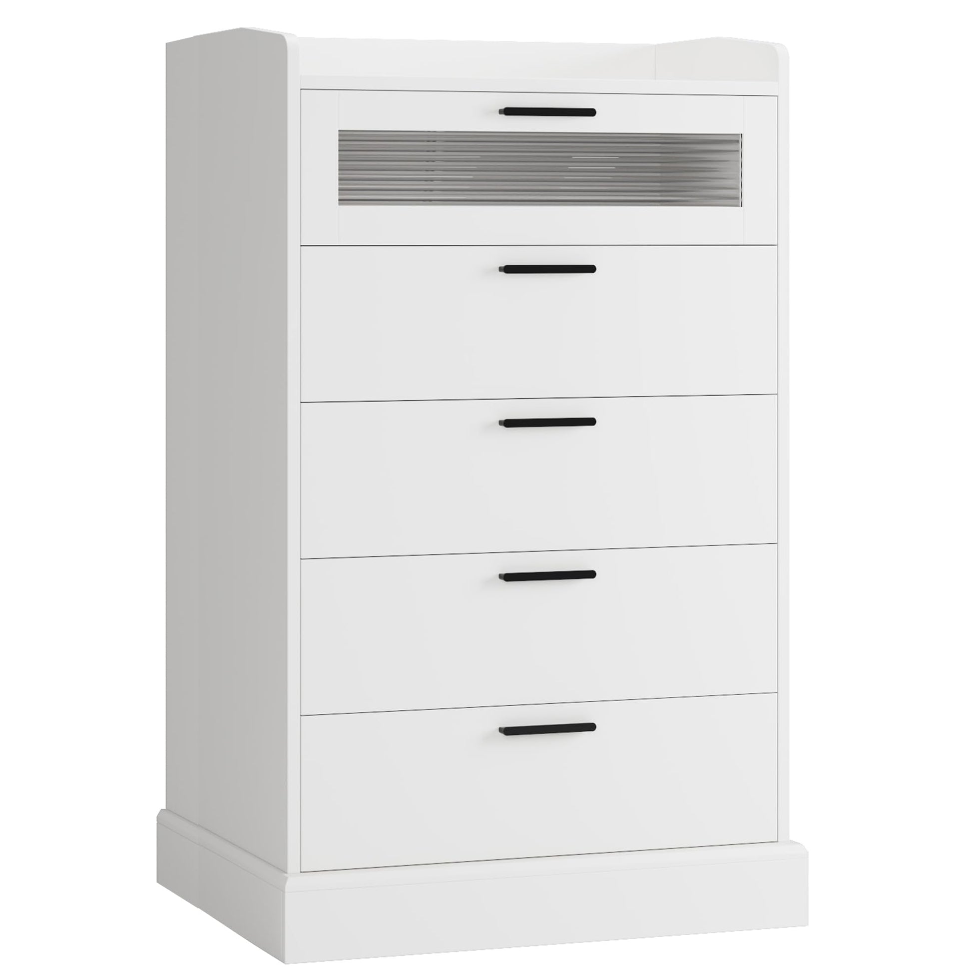 HOSTACK Modern 5 Drawer Dresser for Bedroom, Tall White Dresser Chest of Drawers with Metal Handles, Wood Dresser Storage Cabinet with Anti-Drop Fence & Fluted Glass for Living Room, Entryway - WoodArtSupply