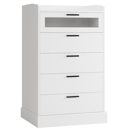 HOSTACK Modern 5 Drawer Dresser for Bedroom, Tall White Dresser Chest of Drawers with Metal Handles, Wood Dresser Storage Cabinet with Anti-Drop Fence & Fluted Glass for Living Room, Entryway - WoodArtSupply