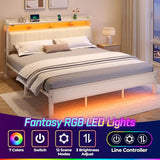 Rolanstar Bed Frame King Size with Charging Station and LED Lights, Upholstered Headboard with Storage Shelves, Heavy Duty Metal Slats, No Box Spring Need, Noise Free, Easy Assembly, White Rolanstar