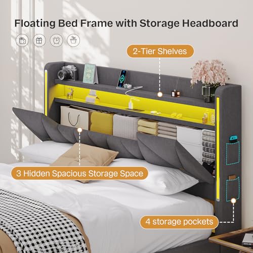 Dnxao Floating Bed Frame Queen with Hidden Storage Headboard, Heavy Duty Metal Platform with Dual Zone LED Lights & Charging Station, Noise Free No Box Spring Needed, Gray Linen Upholstered Dnxao