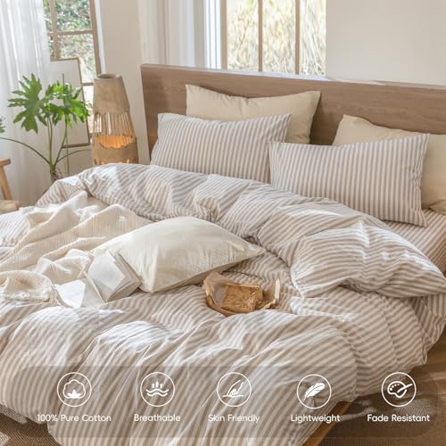 MooMee Striped Duvet Cover Set 100% Washed Cotton Linen Like Textured Breathable Durable Soft Comfy (Tannish Linen Grey White Classic Stripes, Queen 90"x90") MooMee