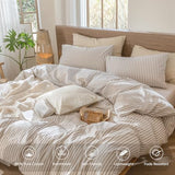 MooMee Striped Duvet Cover Set 100% Washed Cotton Linen Like Textured Breathable Durable Soft Comfy (Tannish Linen Grey White Classic Stripes, Queen 90"x90") MooMee