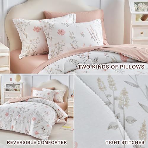 Joyreap 7pcs Cotton Comforter Sheet Set for Girls, Queen Size Bed in a Bag, Pink Flowers n Leaves Botanical Design, Soft n Cozy Kids Bedding Comforter Set for All Season- 88x88 inches Joyreap