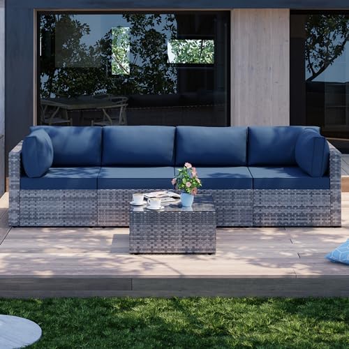 Shintenchi 5 Pieces Outdoor Patio Sectional Sofa Couch, Silver Gray PE Wicker Furniture Conversation Sets with Washable Cushions & Glass Coffee Table for Garden, Poolside, Backyard (Aegean Bl - WoodArtSupply