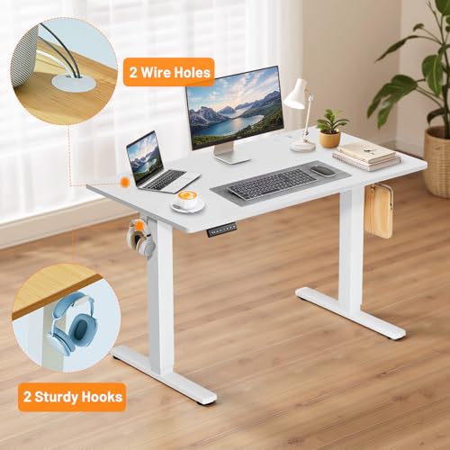 DUMOS Height Adjustable Electric Standing Desk, 47.2 x 23.6 Sit Stand Workstation with Memory Presets, Hooks & Cable Management, Ergonomic Computer Table for Home Office, White DUMOS