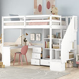 Merax Twin Size Wood Loft Bed with L-Shaped Desk, Storage Staircase and Drawers in White Merax