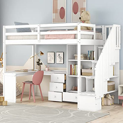 Merax Twin Size Wood Loft Bed with L-Shaped Desk, Storage Staircase and Drawers in White - WoodArtSupply